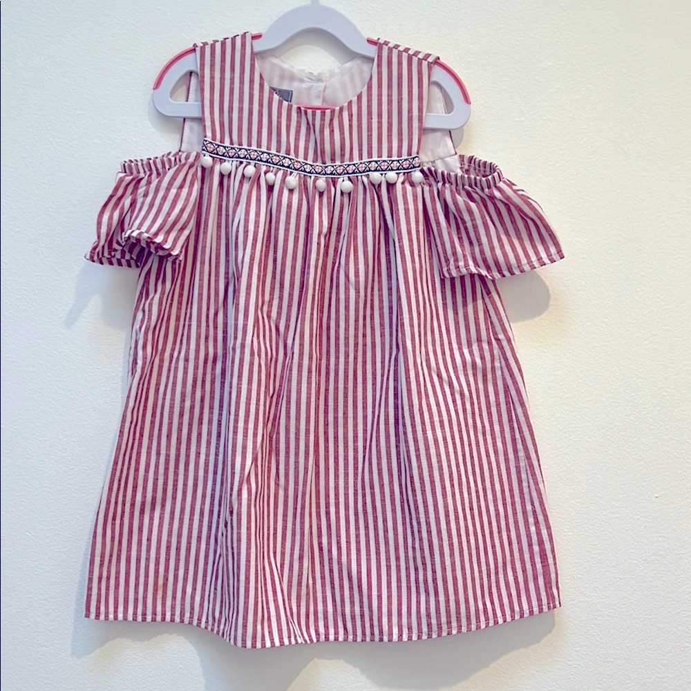 Pippa & Julie Red and 100% cotton White Striped Off-Shoulder Dress size:6
